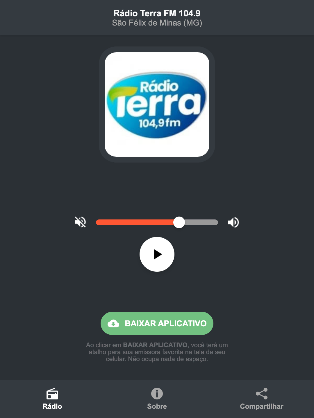 Screenshot do aplicativo da Rádio Terra FM 104.9