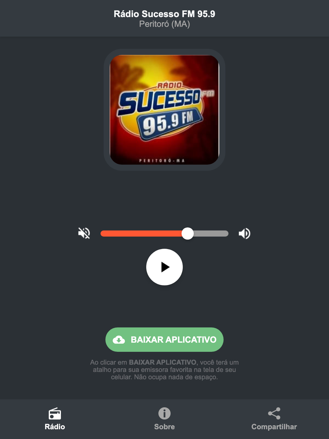 Screenshot do aplicativo da Rádio Sucesso FM 95.9