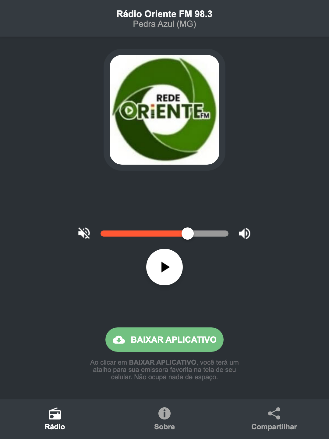 Screenshot do aplicativo da Rádio Oriente FM 98.3