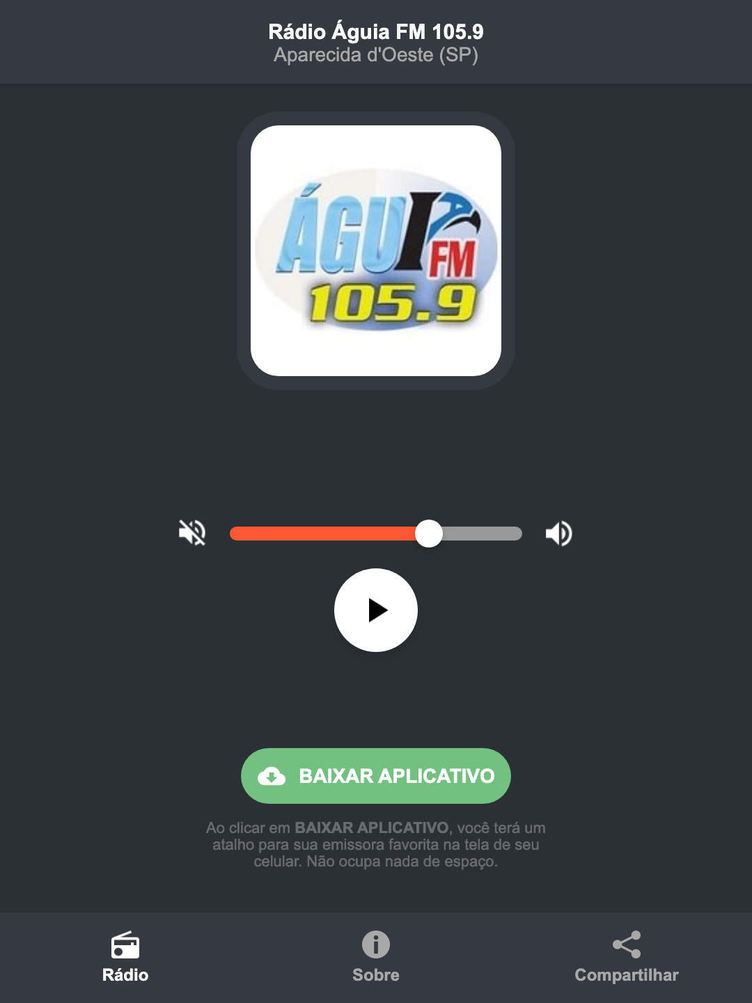 Screenshot do aplicativo da Rádio Águia FM 105.9