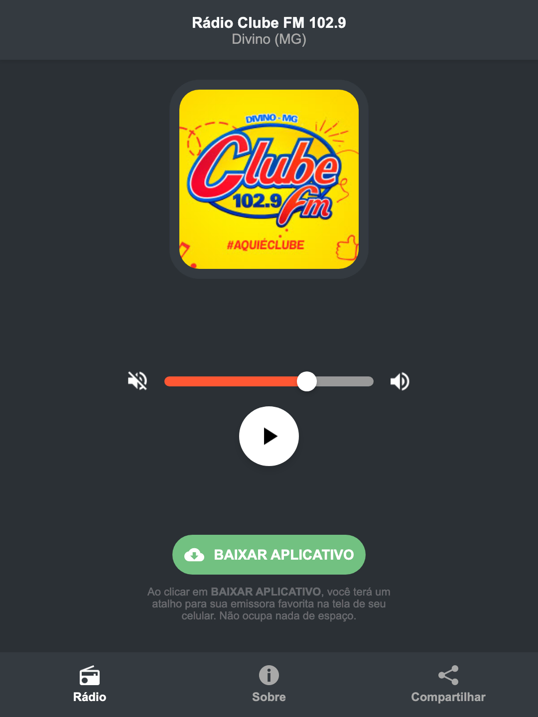 Screenshot do aplicativo da Rádio Clube FM 102.9