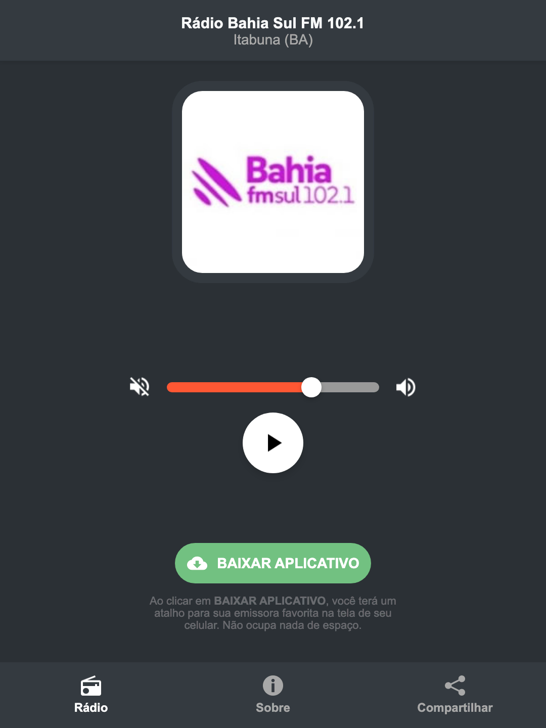 Screenshot do aplicativo da Rádio Bahia Sul FM 102.1