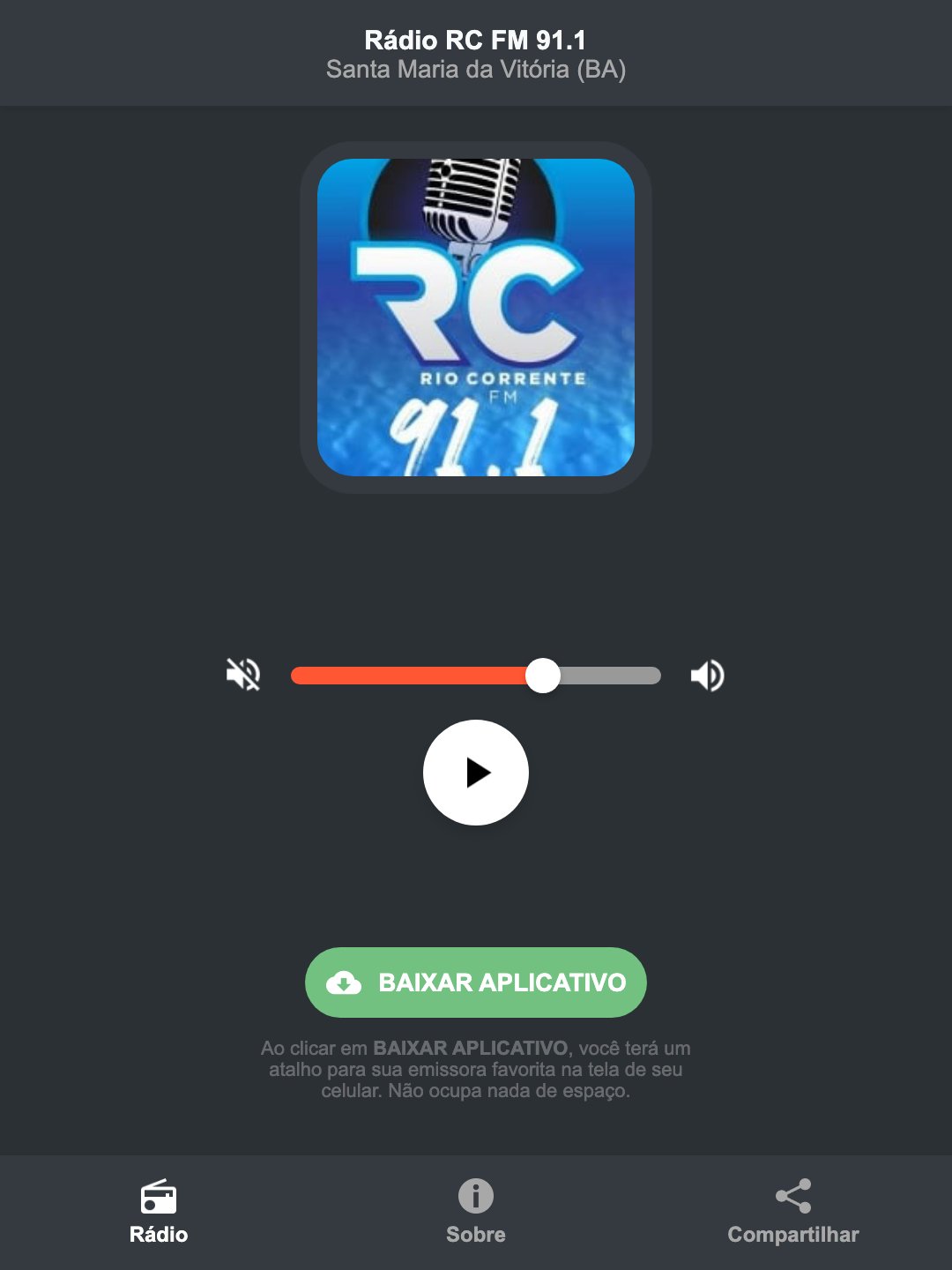 Screenshot do aplicativo da Rádio RC FM 91.1