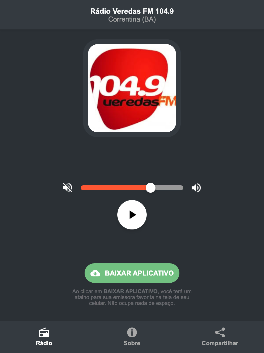 Screenshot do aplicativo da Rádio Veredas FM 104.9