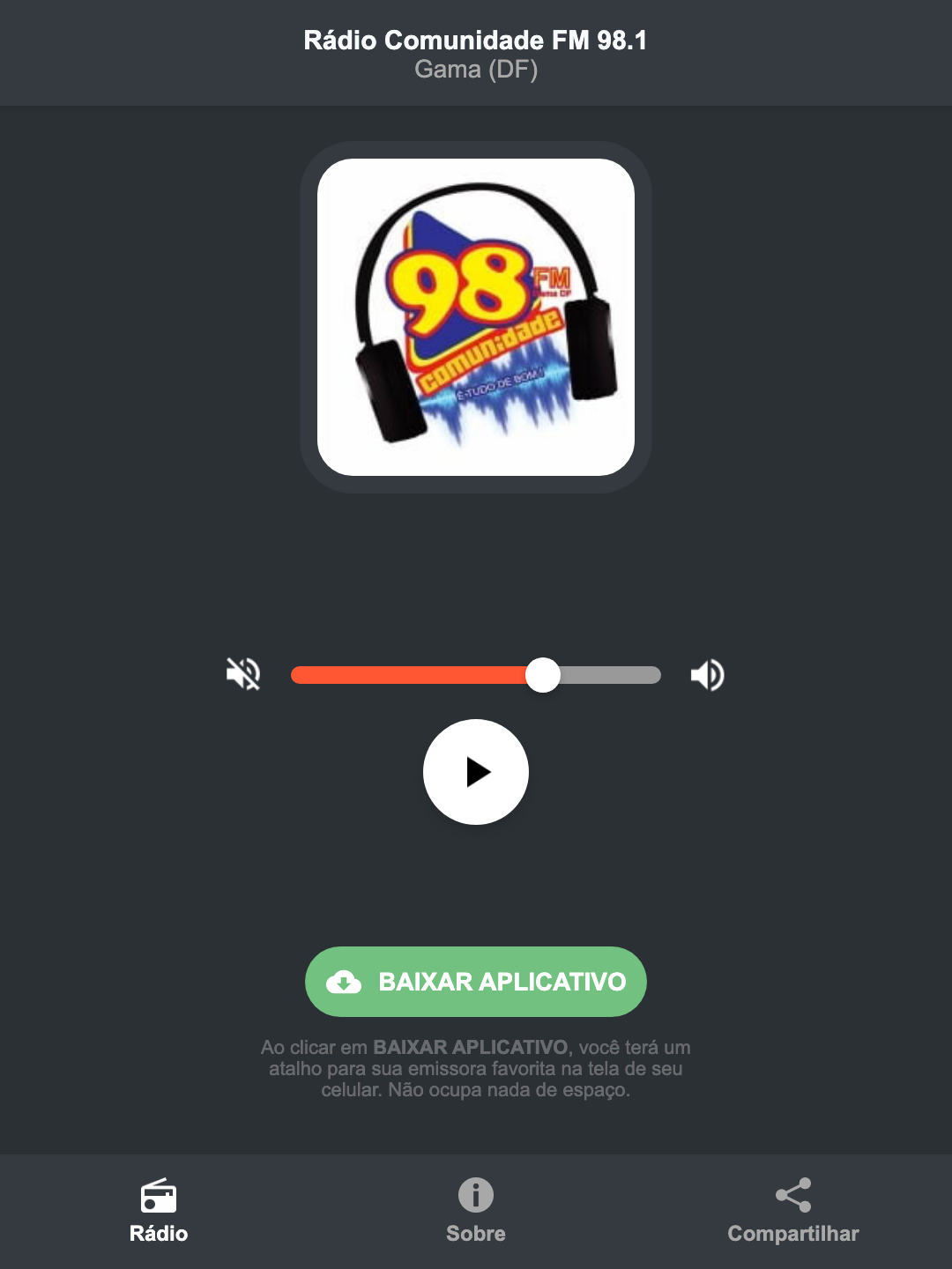 Screenshot do aplicativo da Rádio Comunidade FM 98.1