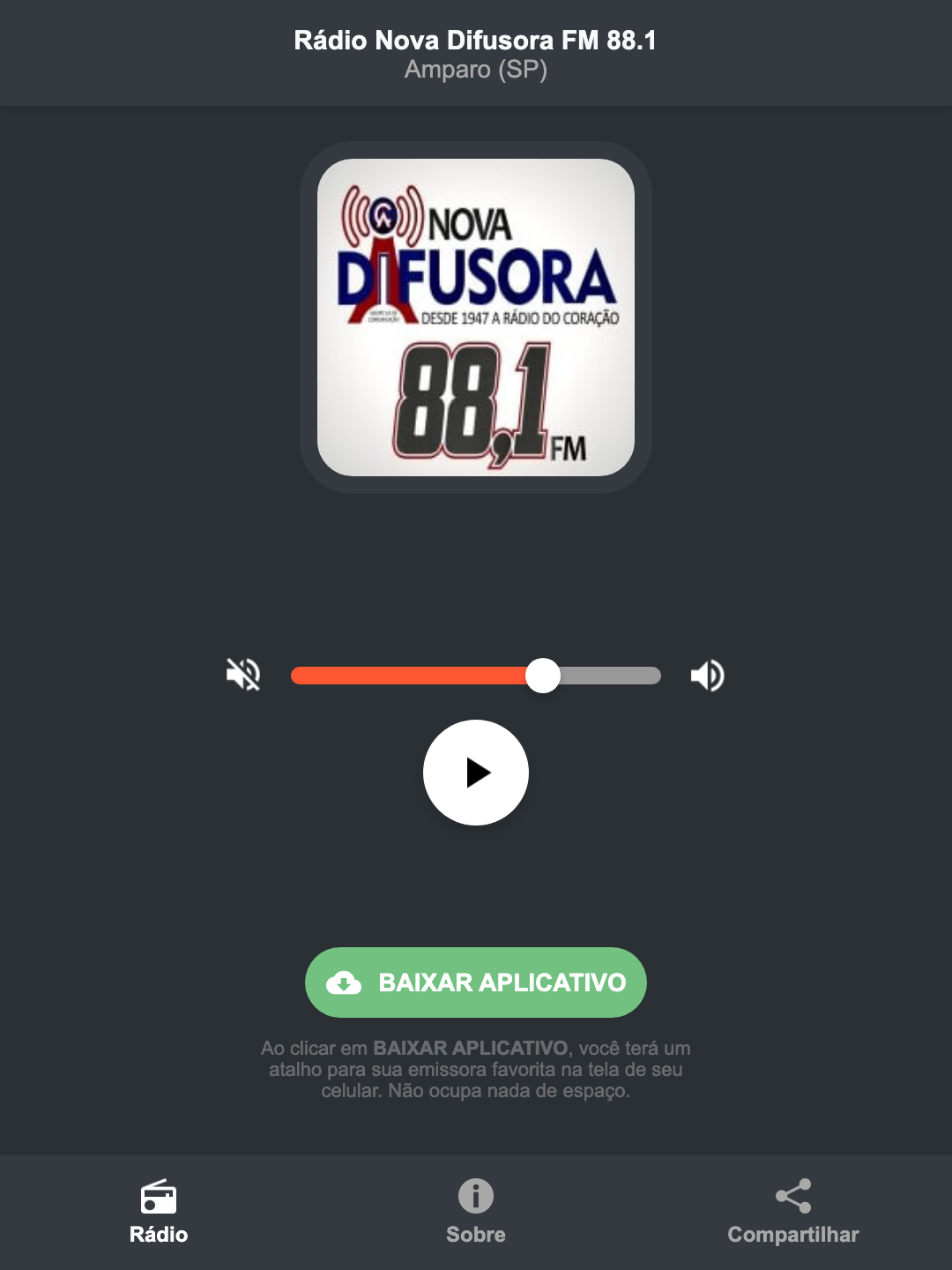 Screenshot do aplicativo da Rádio Nova Difusora FM 88.1