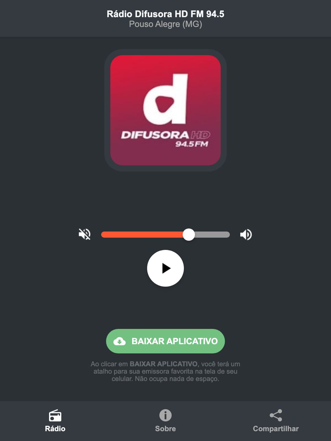 Screenshot do aplicativo da Rádio Difusora HD FM 94.5