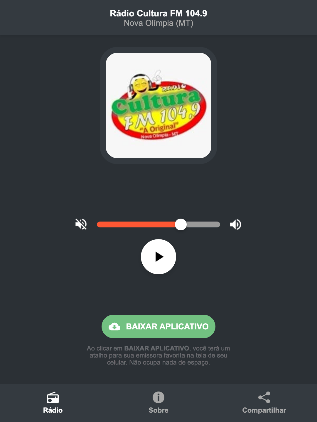 Screenshot do aplicativo da Rádio Cultura FM 104.9