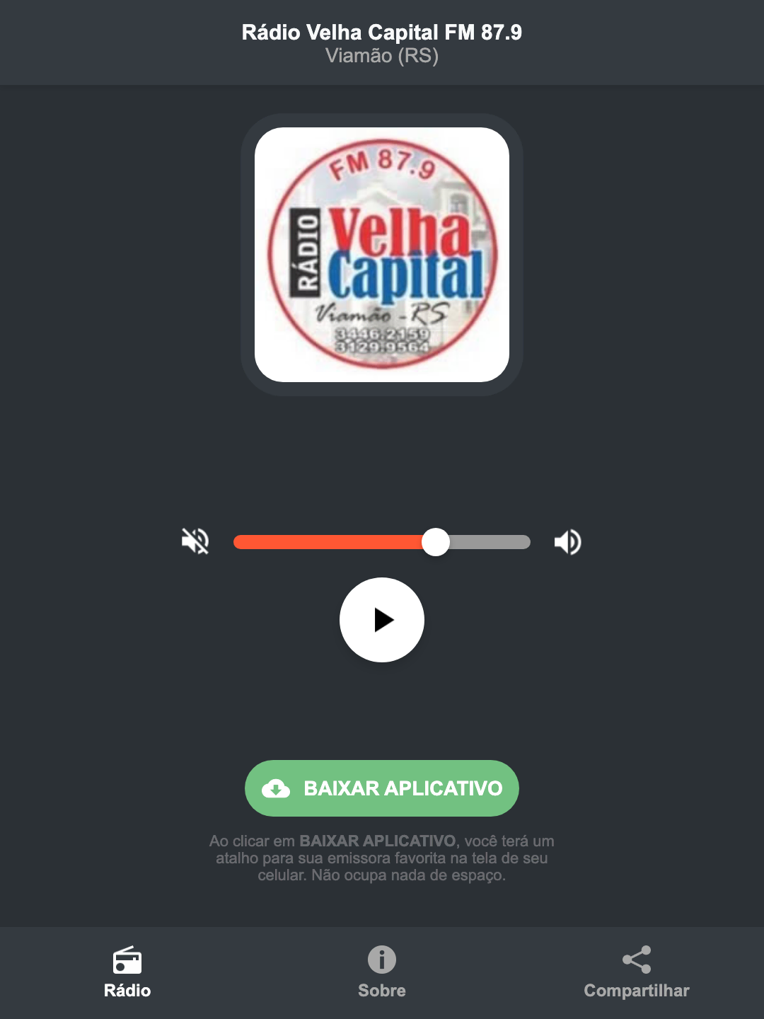 Screenshot do aplicativo da Rádio Velha Capital FM 87.9