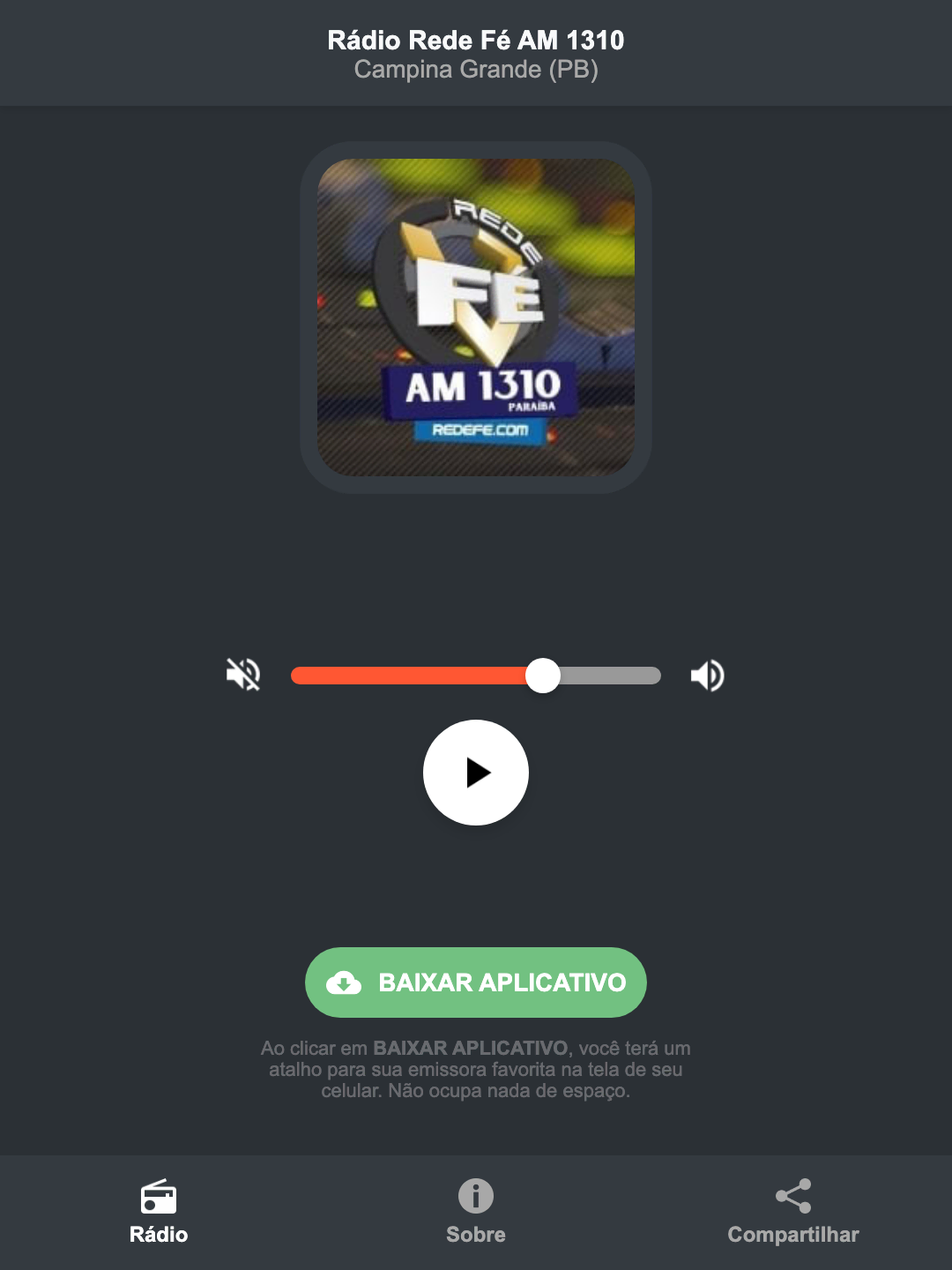 Screenshot do aplicativo da Rádio Rede Fé AM 1310