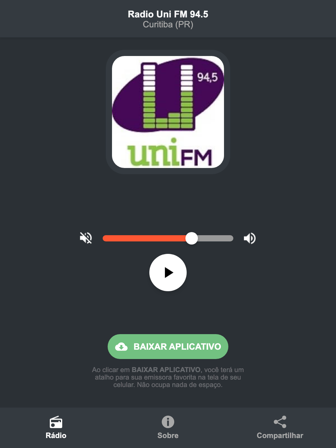 Screenshot do aplicativo da Radio Uni FM 94.5