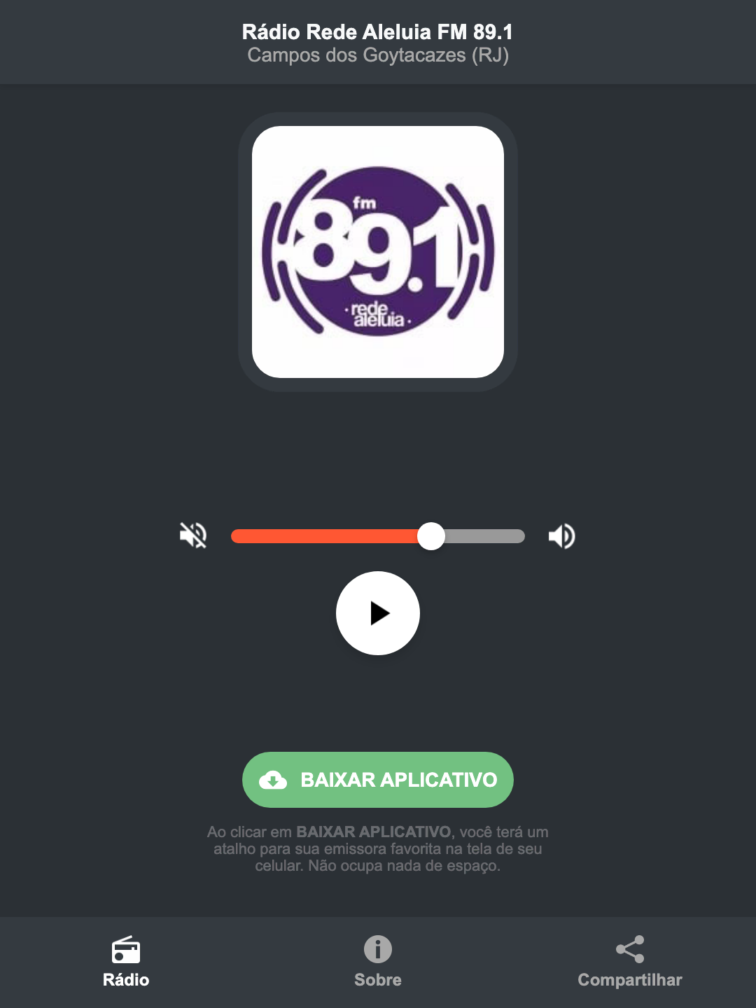 Screenshot do aplicativo da Rádio Rede Aleluia FM 89.1