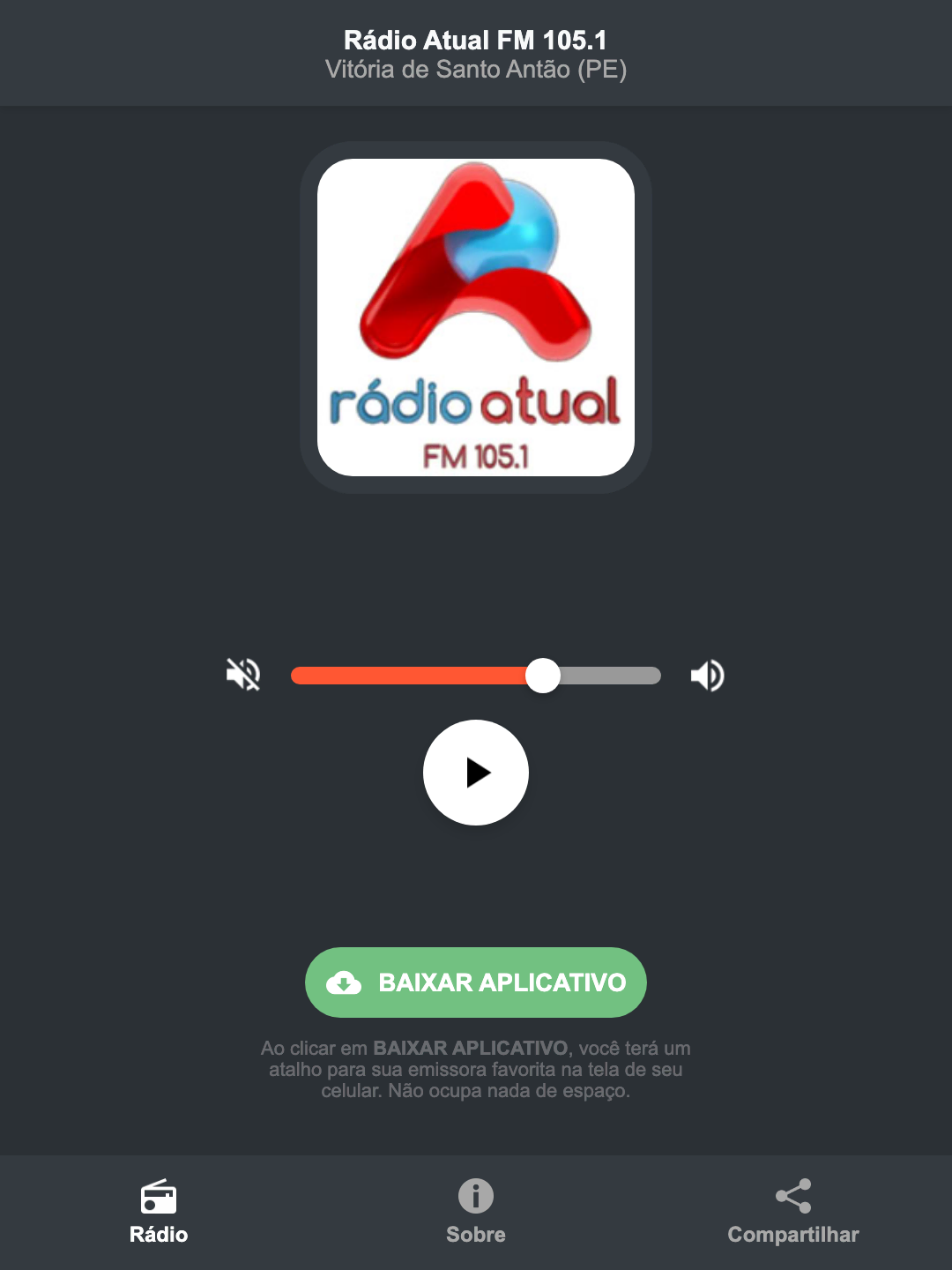 Screenshot do aplicativo da Rádio Atual FM 105.1