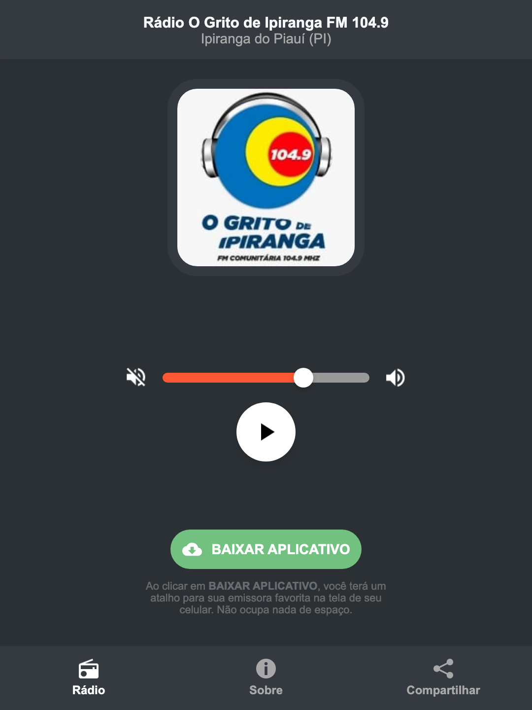 Screenshot do aplicativo da Rádio O Grito de Ipiranga FM 104.9