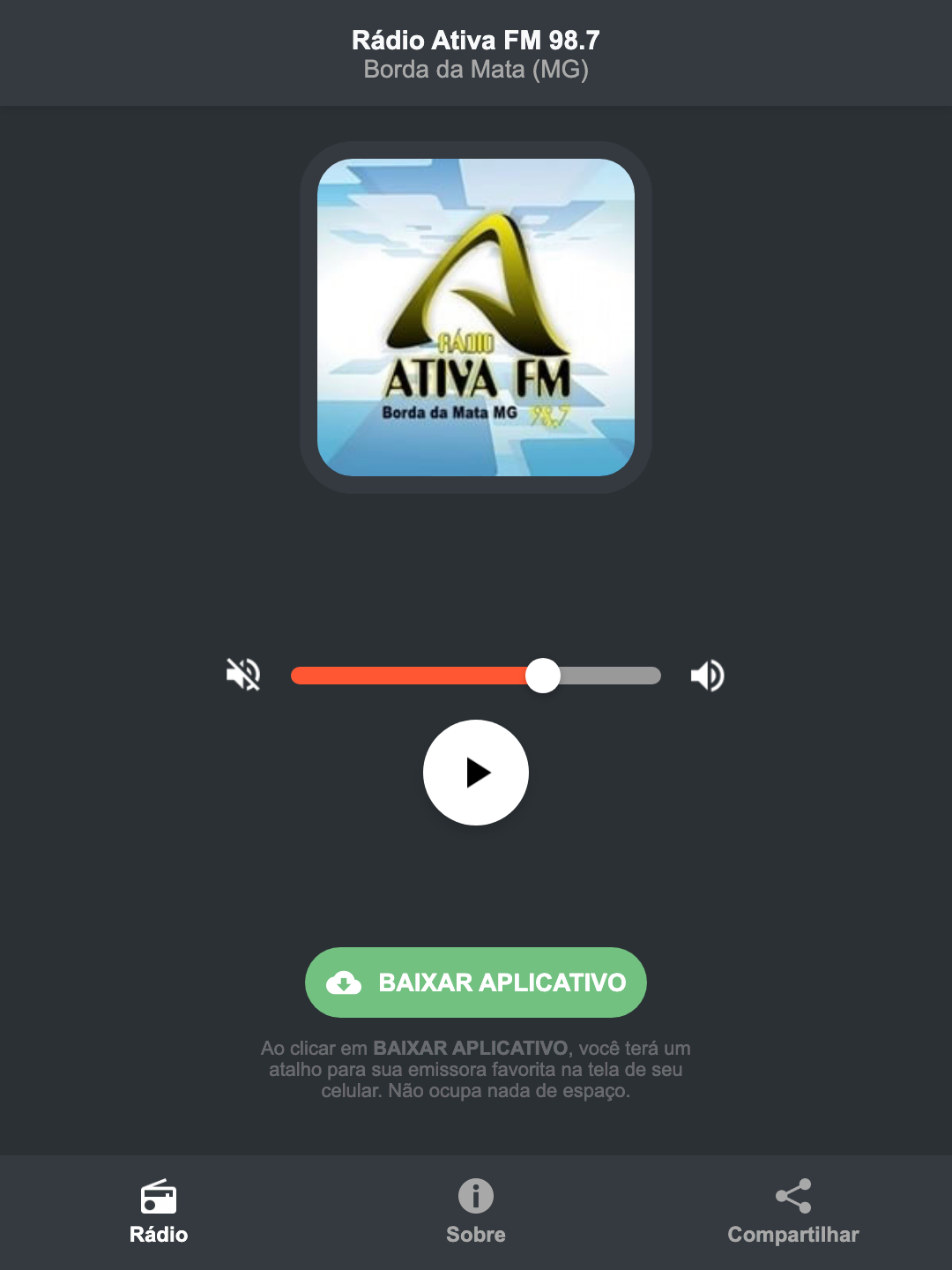 Screenshot do aplicativo da Rádio Ativa FM 98.7