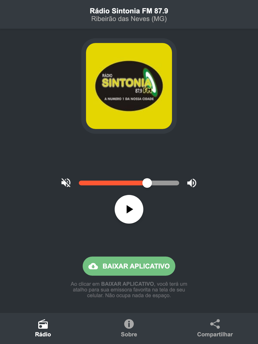 Screenshot do aplicativo da Rádio Sintonia FM 87.9