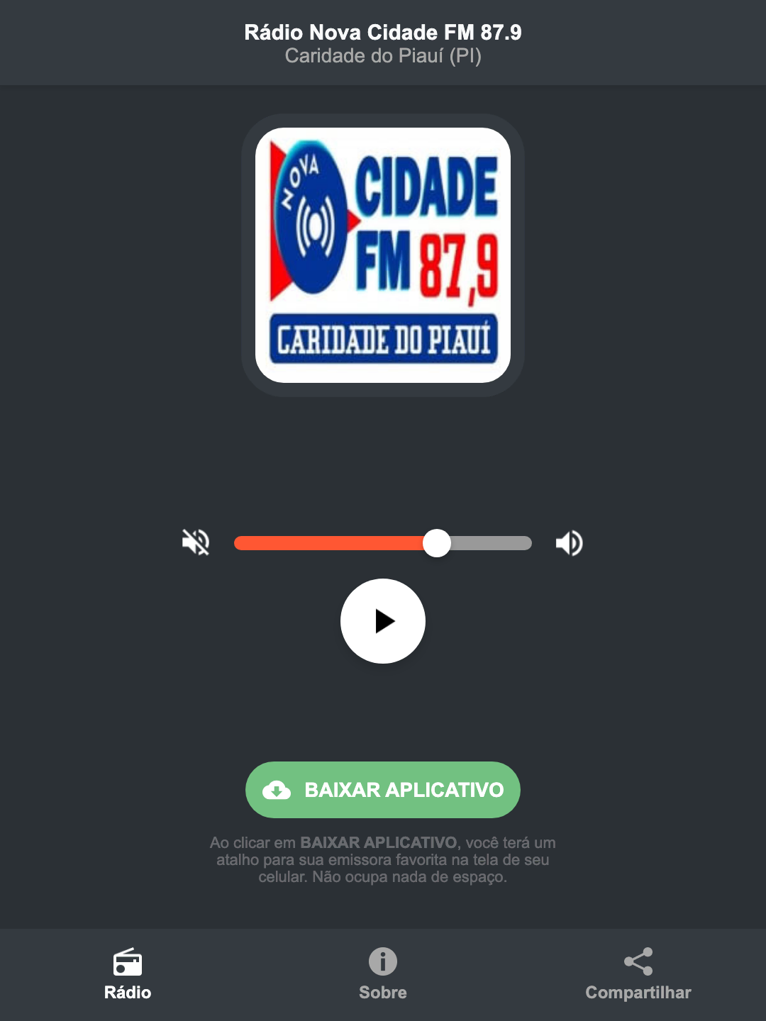 Screenshot do aplicativo da Rádio Nova Cidade FM 87.9