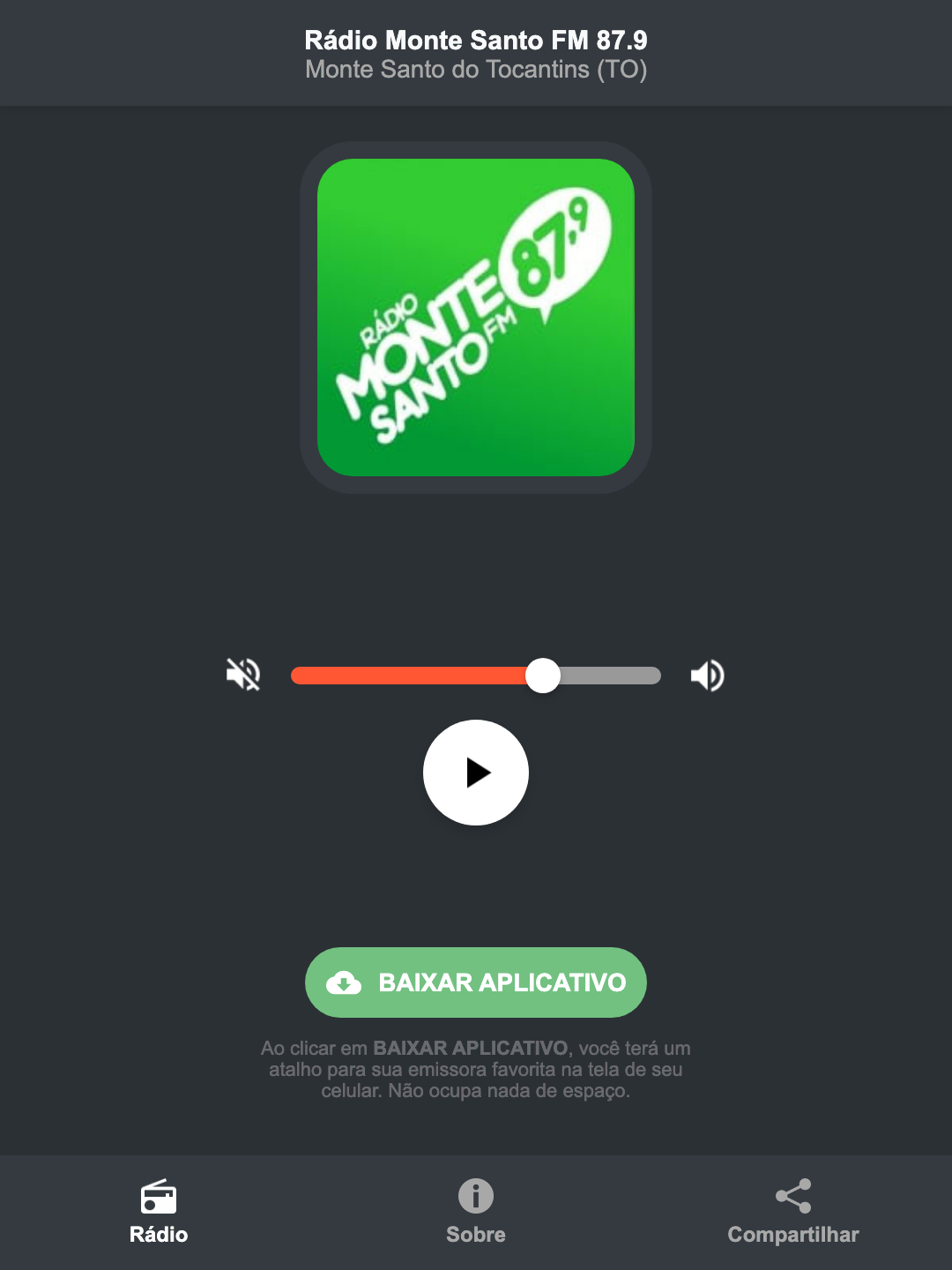 Screenshot do aplicativo da Rádio Monte Santo FM 87.9