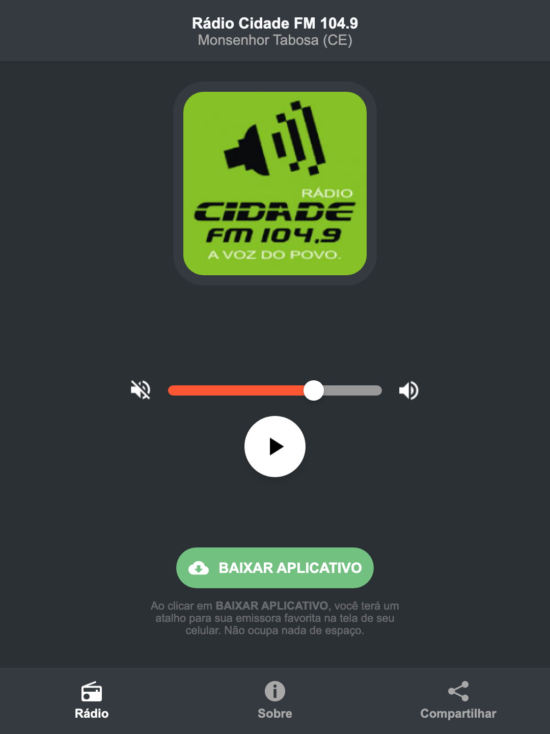 Screenshot do aplicativo da Rádio Cidade FM 104.9