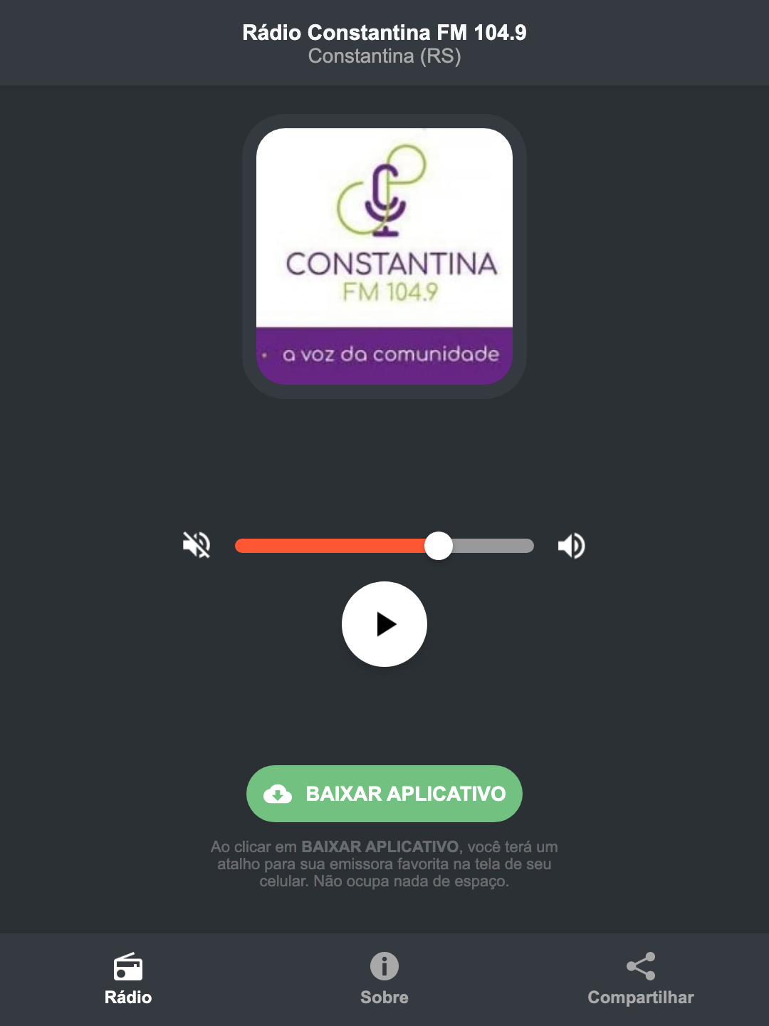 Screenshot do aplicativo da Rádio Constantina FM 104.9