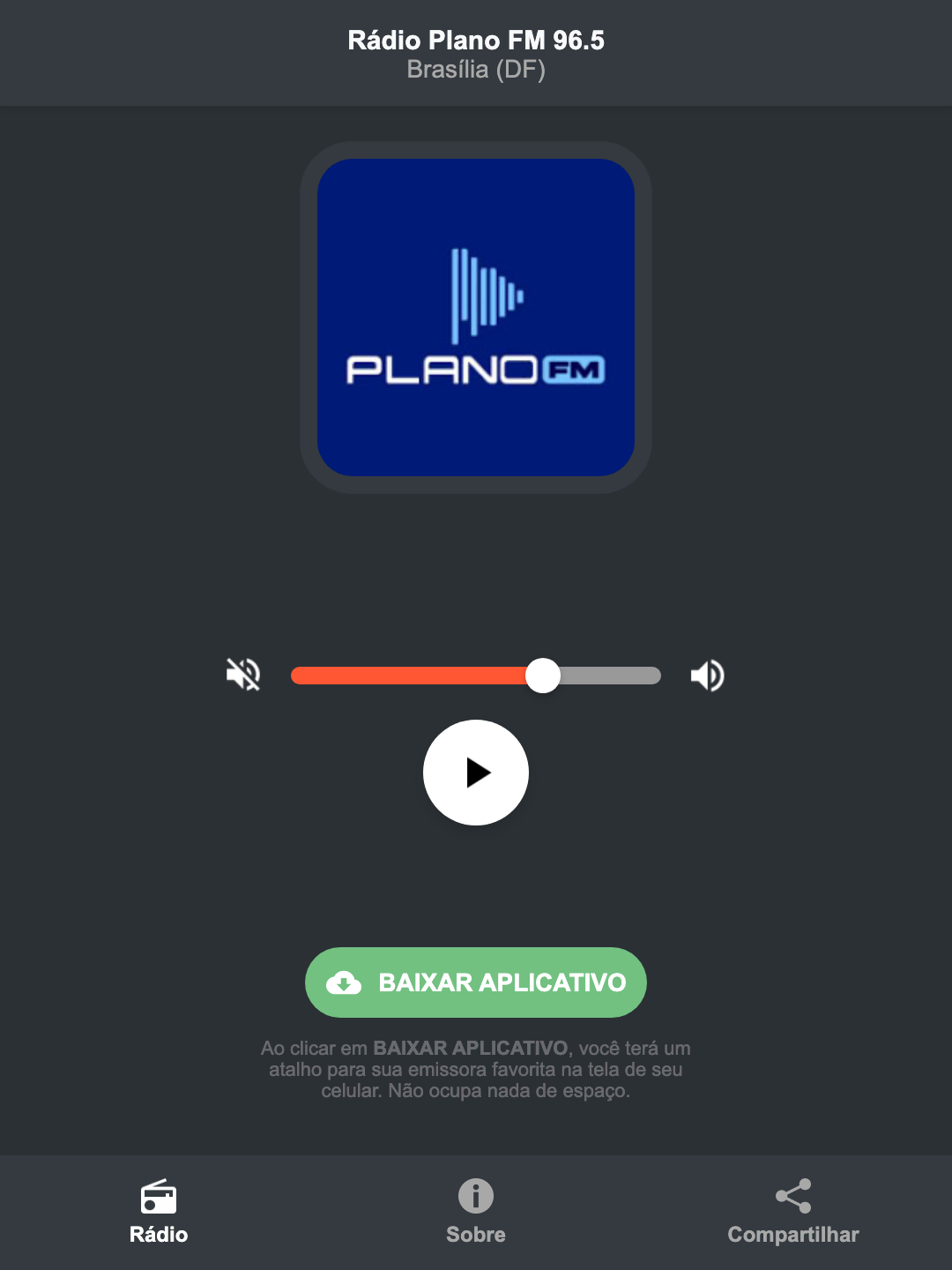 Screenshot do aplicativo da Rádio Plano FM 96.5