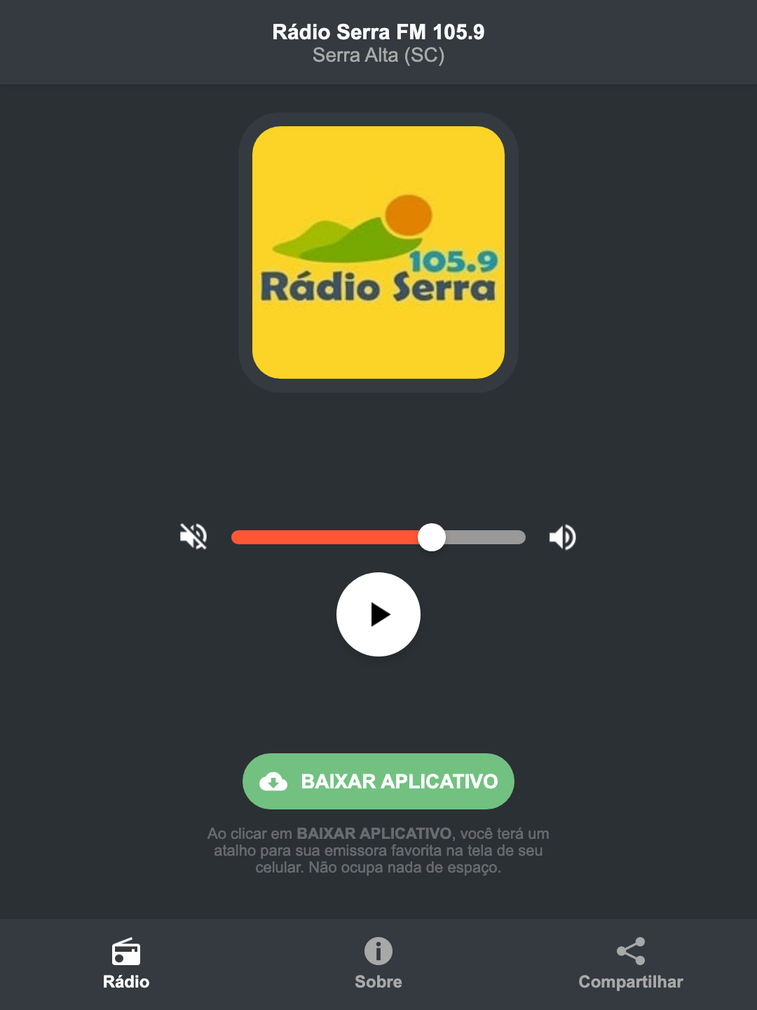Screenshot do aplicativo da Rádio Serra FM 105.9