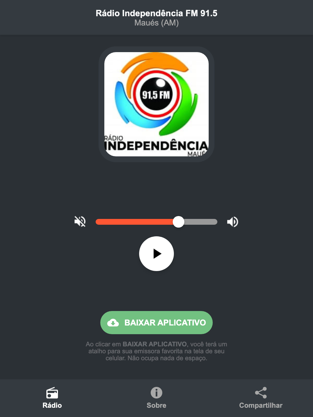 Screenshot do aplicativo da Rádio Independência FM 91.5