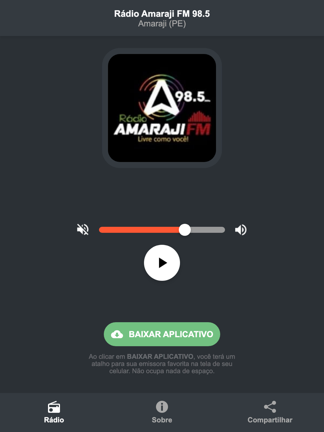 Screenshot do aplicativo da Rádio Amaraji FM 98.5