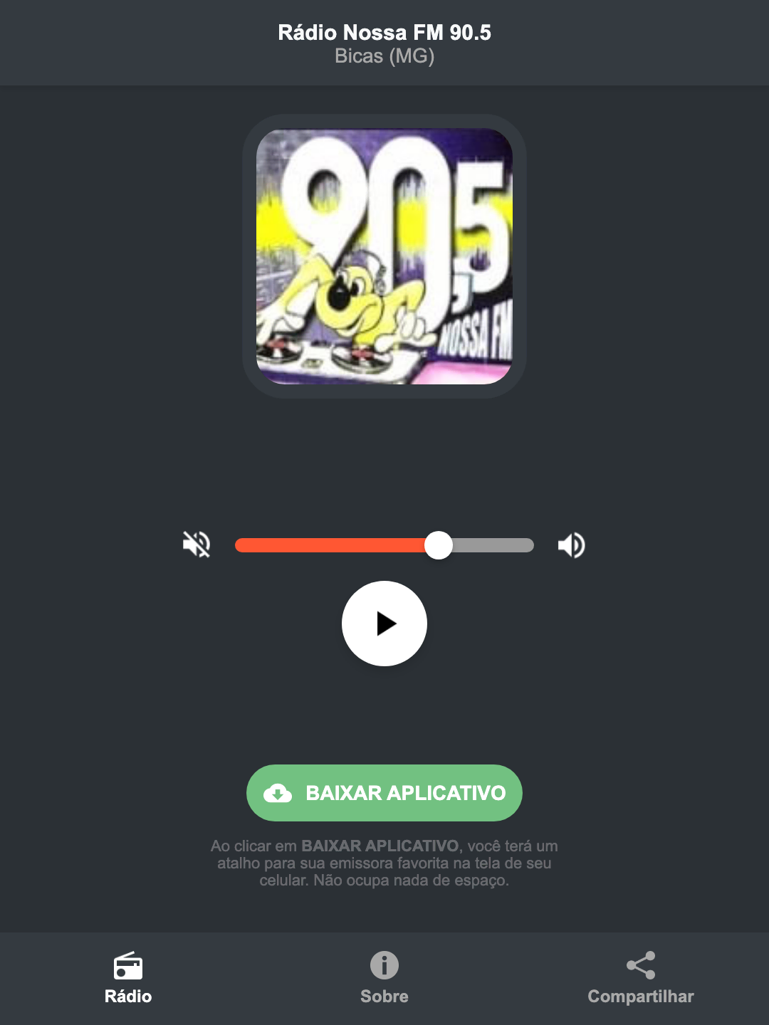 Screenshot do aplicativo da Rádio Nossa FM 90.5