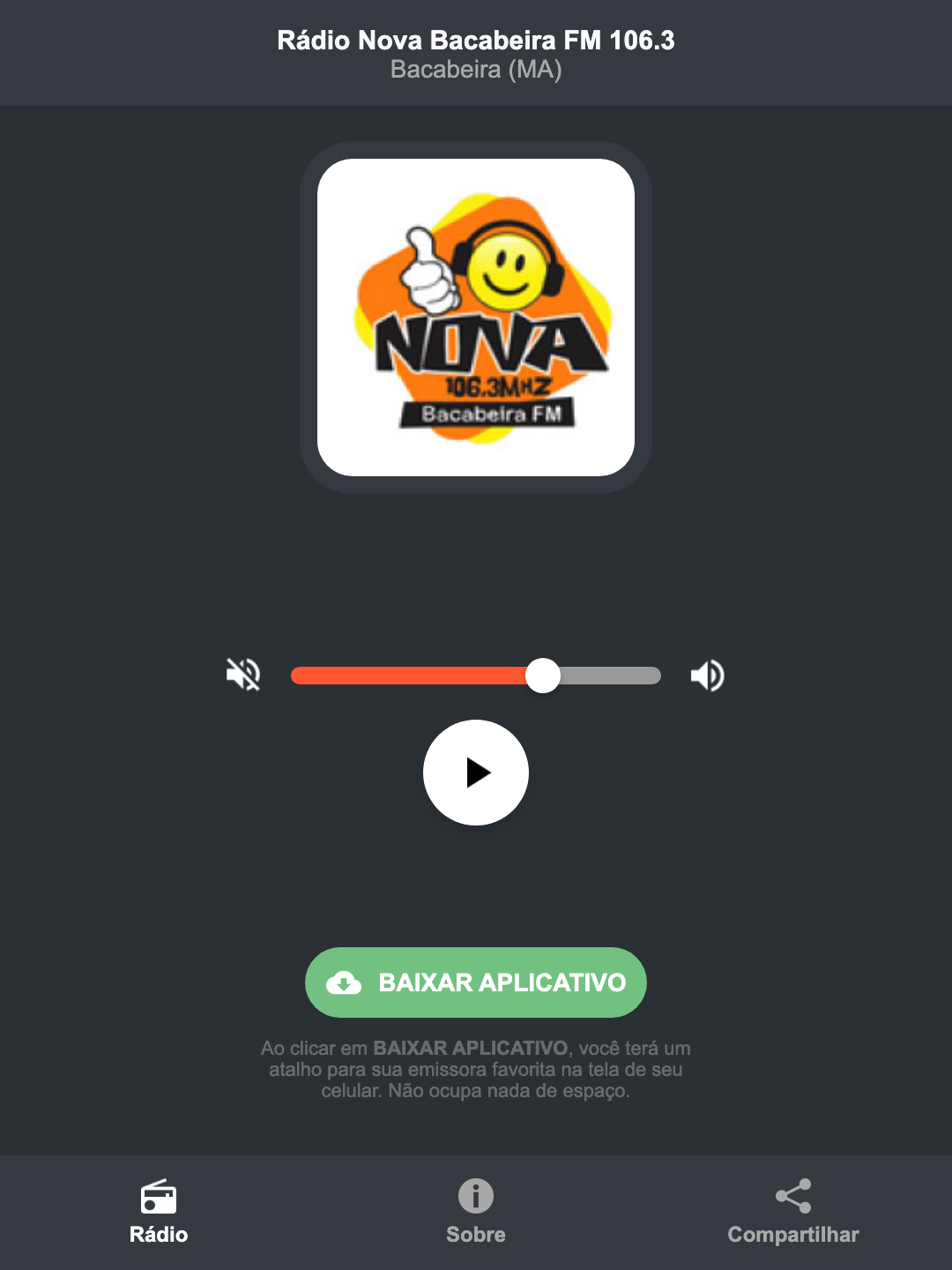 Screenshot do aplicativo da Rádio Nova Bacabeira FM 106.3