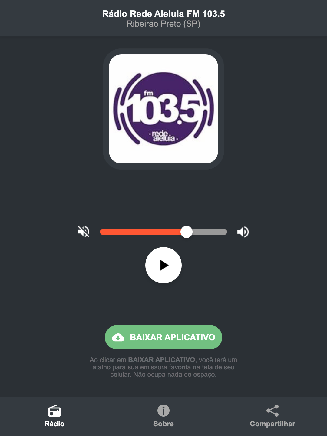 Screenshot do aplicativo da Rádio Rede Aleluia FM 103.5