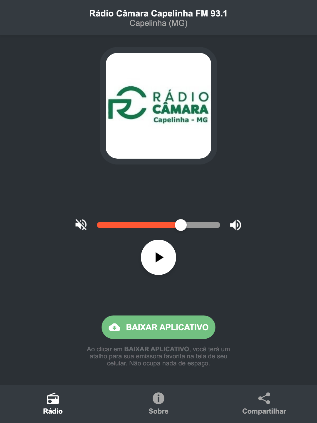 Screenshot do aplicativo da Rádio Câmara Capelinha FM 93.1