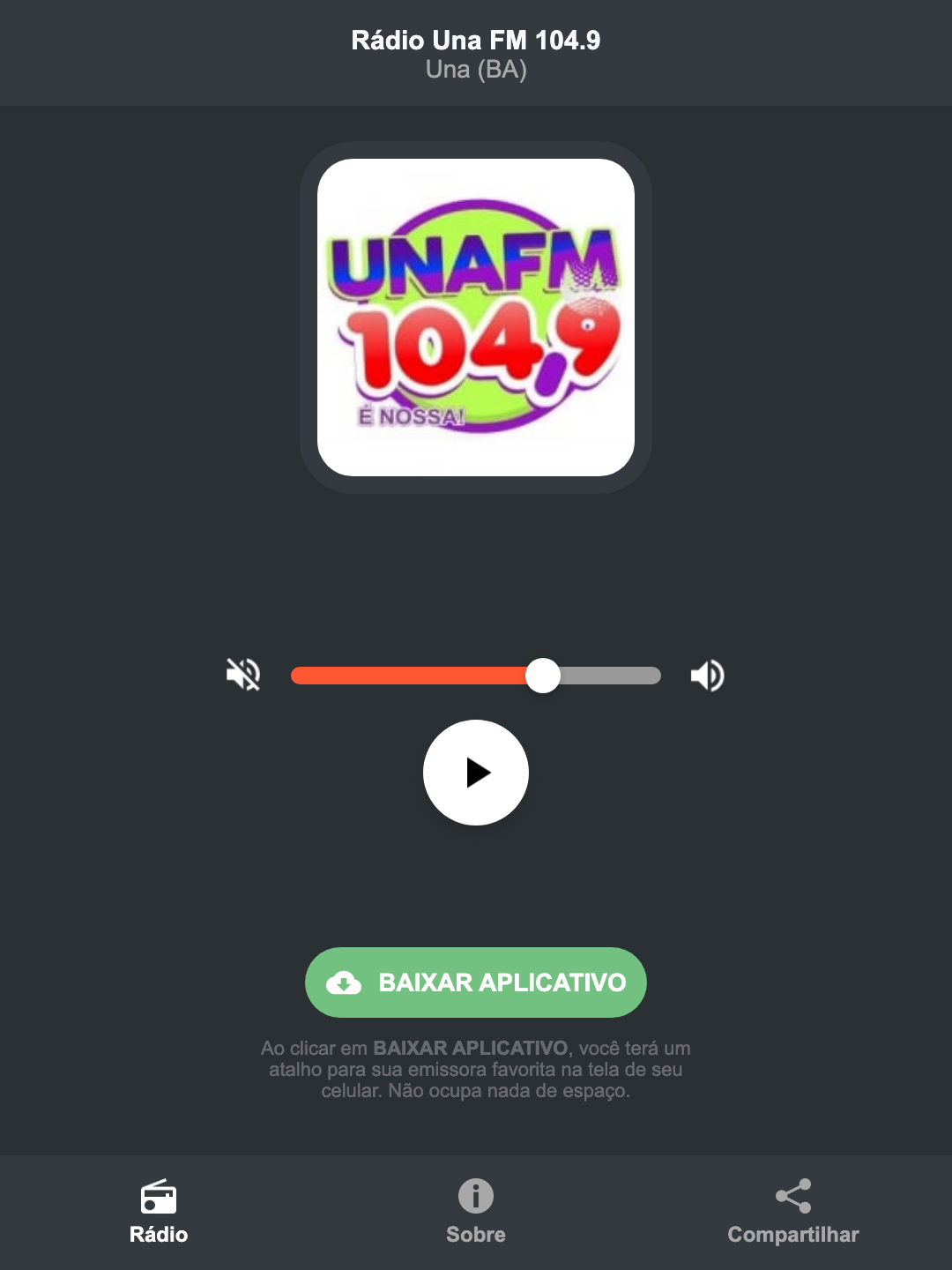 Screenshot do aplicativo da Rádio Una FM 104.9