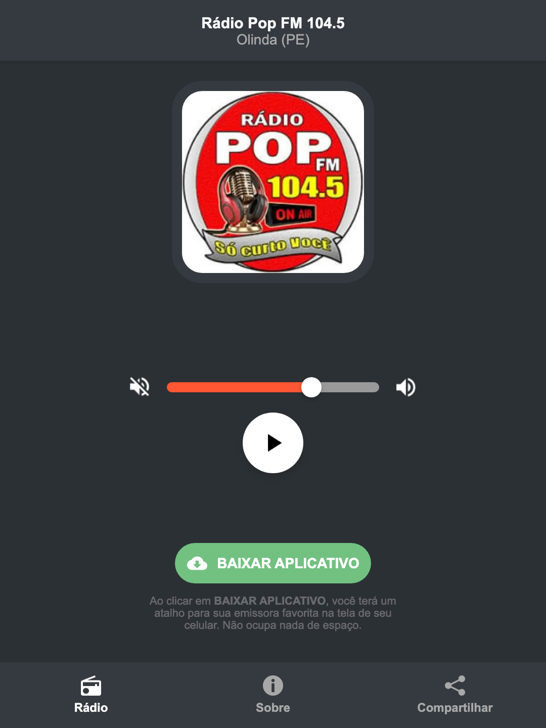 Screenshot do aplicativo da Rádio Pop FM 104.5