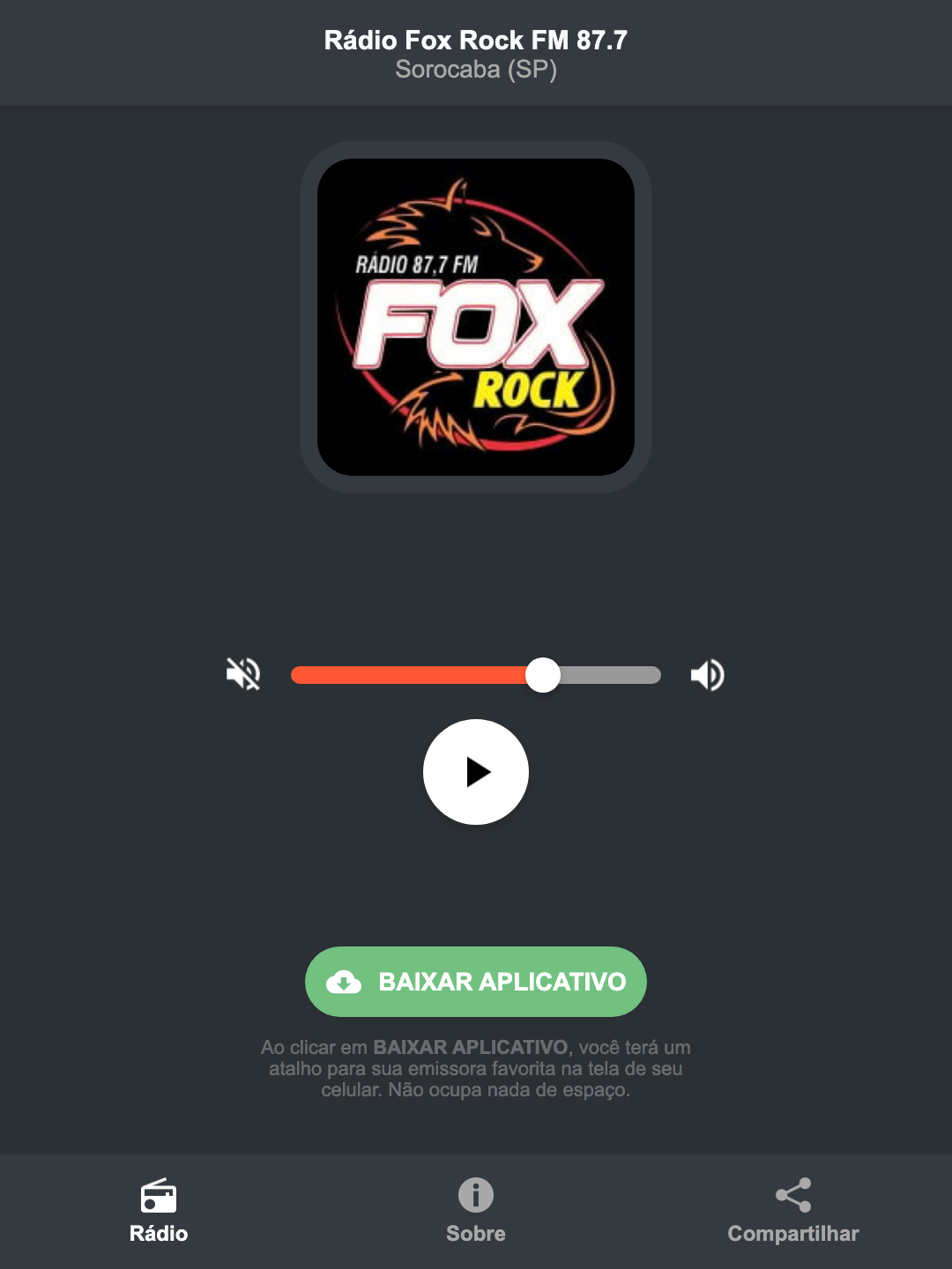 Screenshot do aplicativo da Rádio Fox Rock FM 87.7