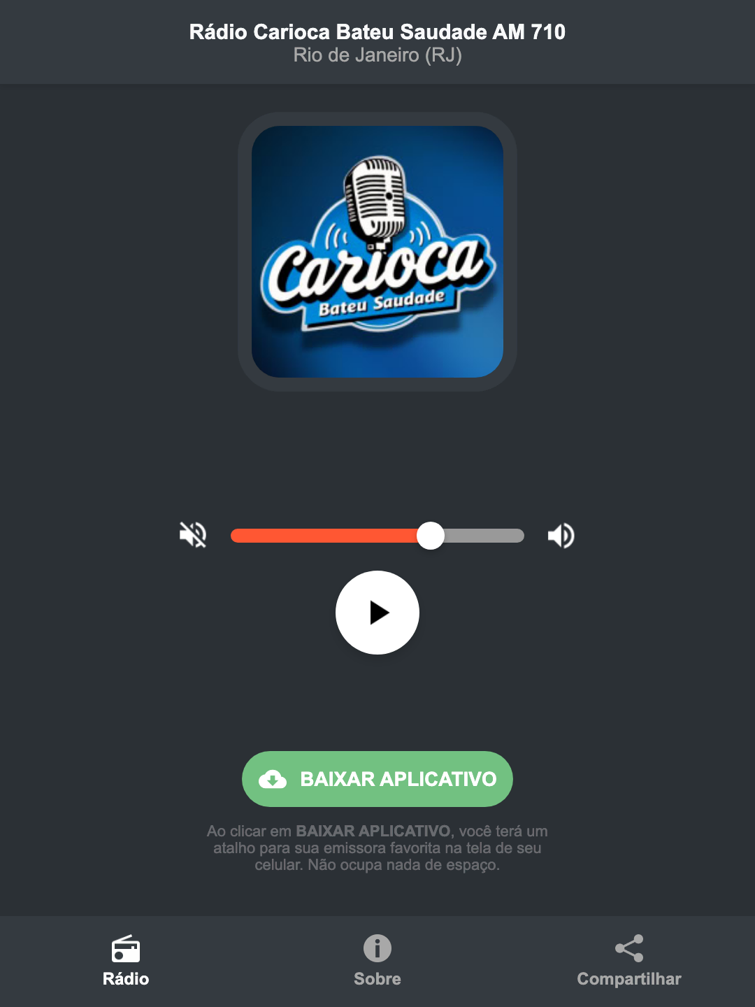 Screenshot do aplicativo da Rádio Carioca Bateu Saudade AM 710