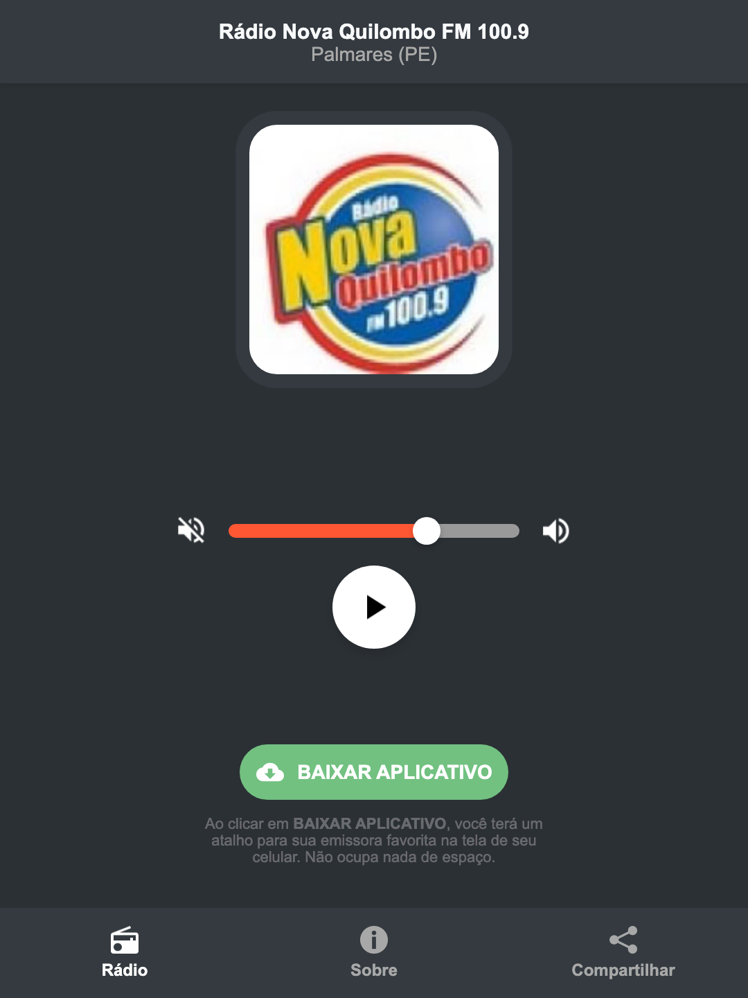 Screenshot do aplicativo da Rádio Nova Quilombo FM 100.9