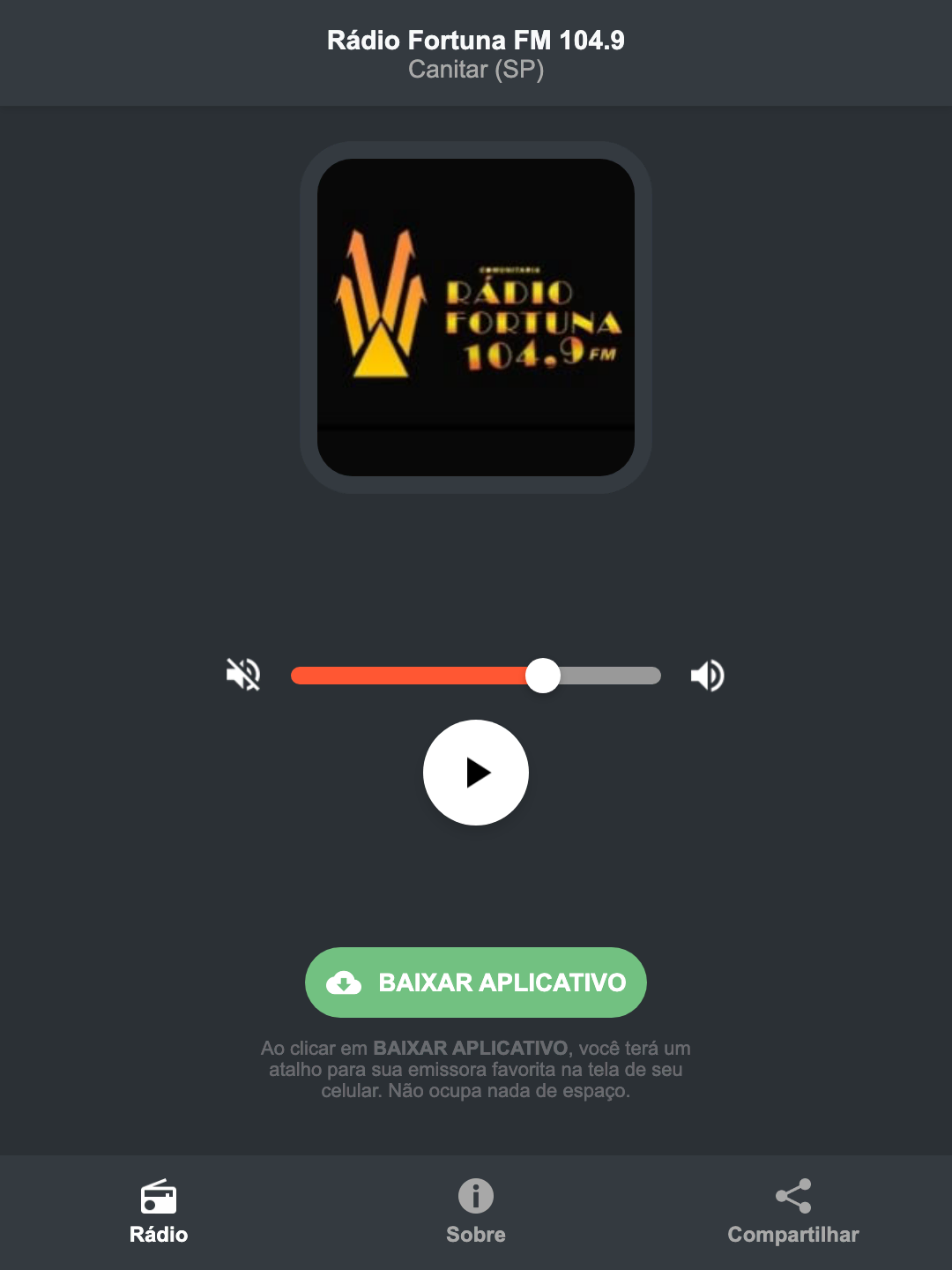 Screenshot do aplicativo da Rádio Fortuna FM 104.9