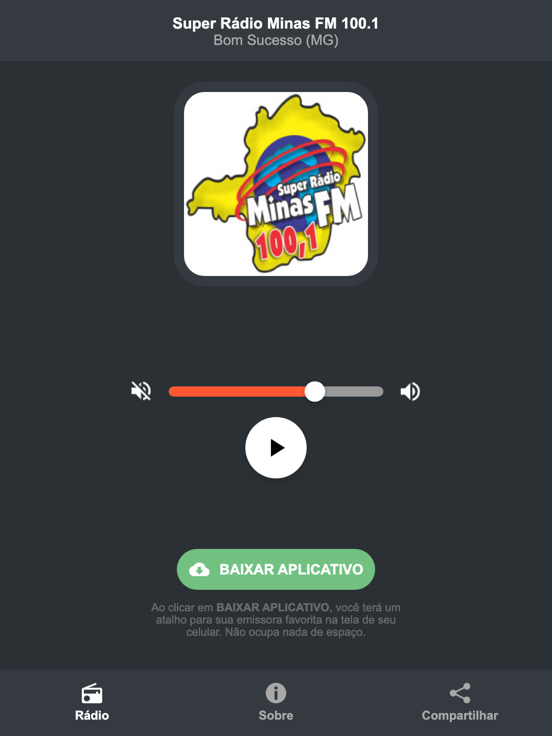 Screenshot do aplicativo da Super Rádio Minas FM 100.1