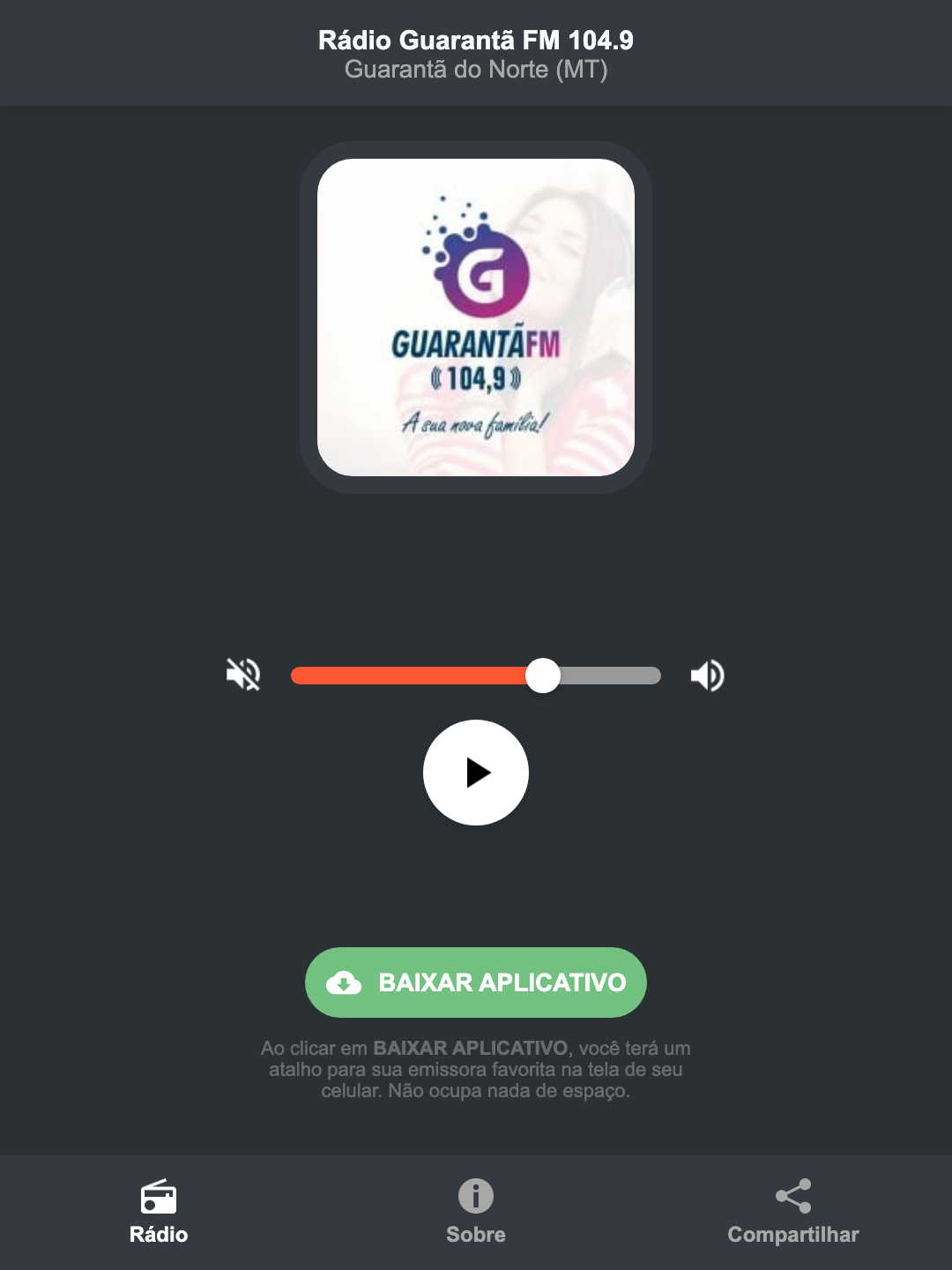 Screenshot do aplicativo da Rádio Guarantã FM 104.9
