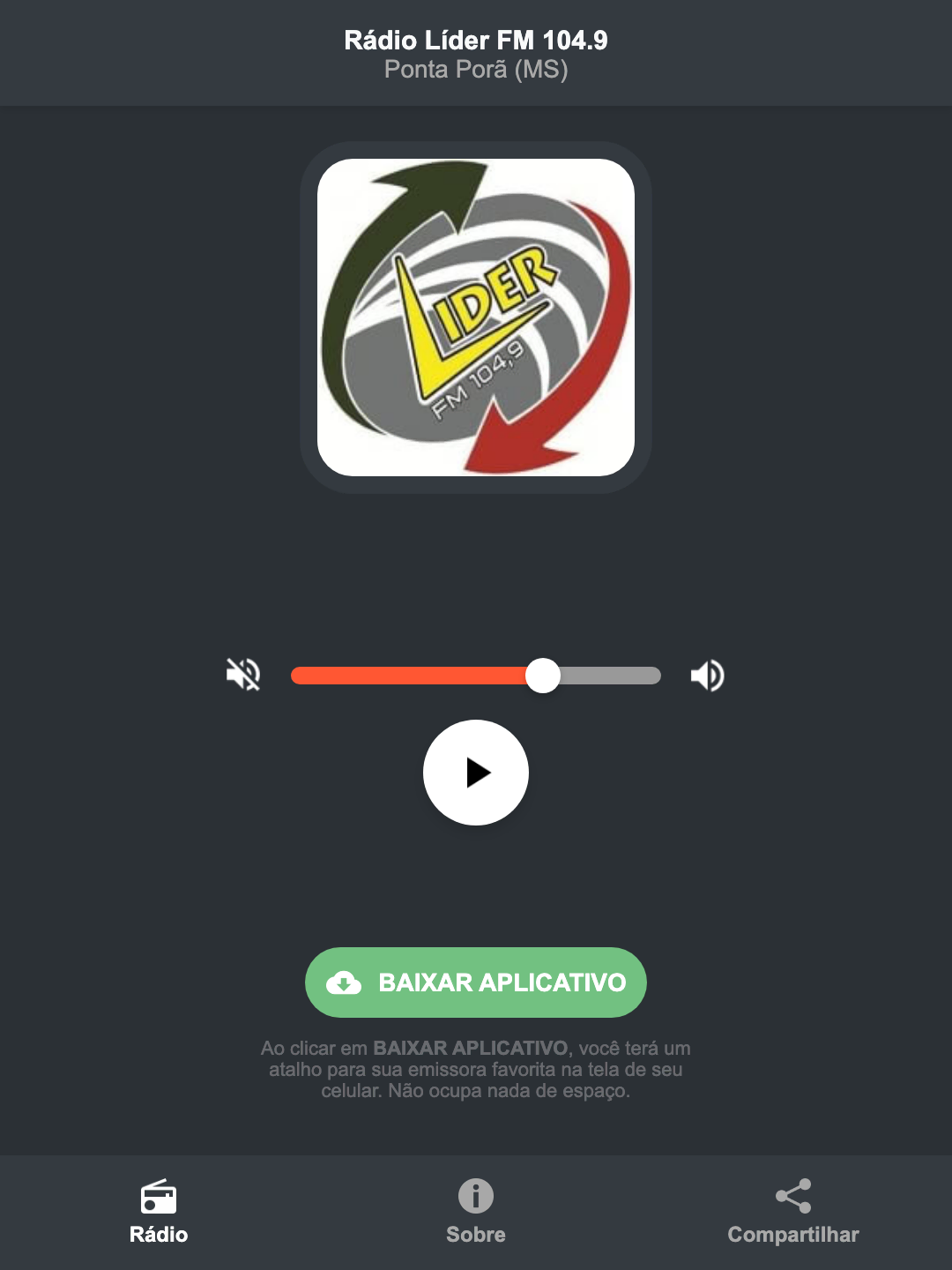 Screenshot do aplicativo da Rádio Líder FM 104.9