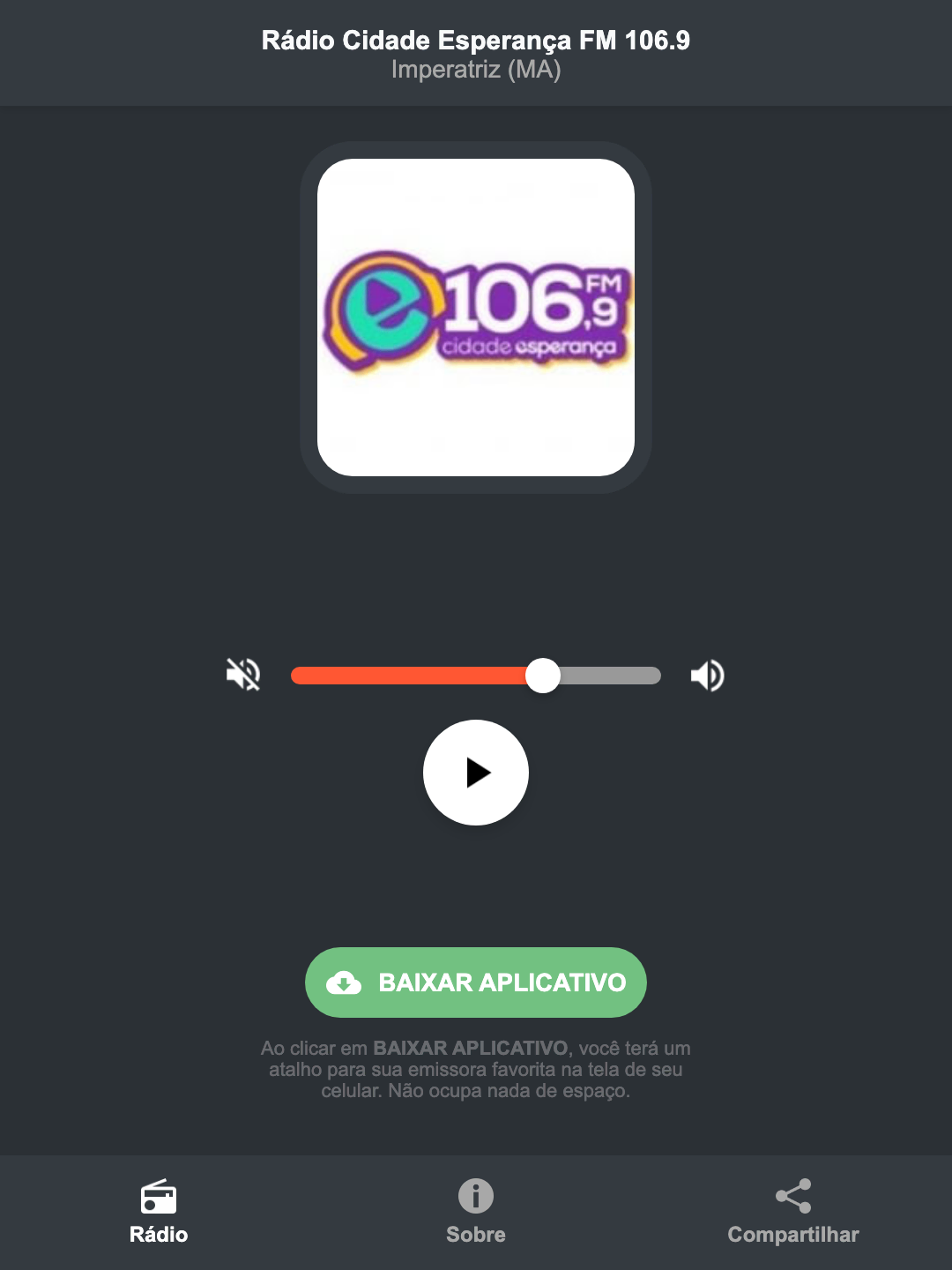 Screenshot do aplicativo da Rádio Cidade Esperança FM 106.9
