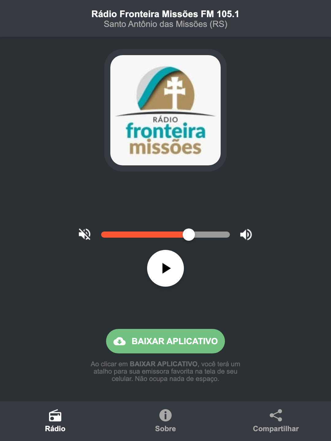 Screenshot do aplicativo da Rádio Fronteira Missões FM 105.1
