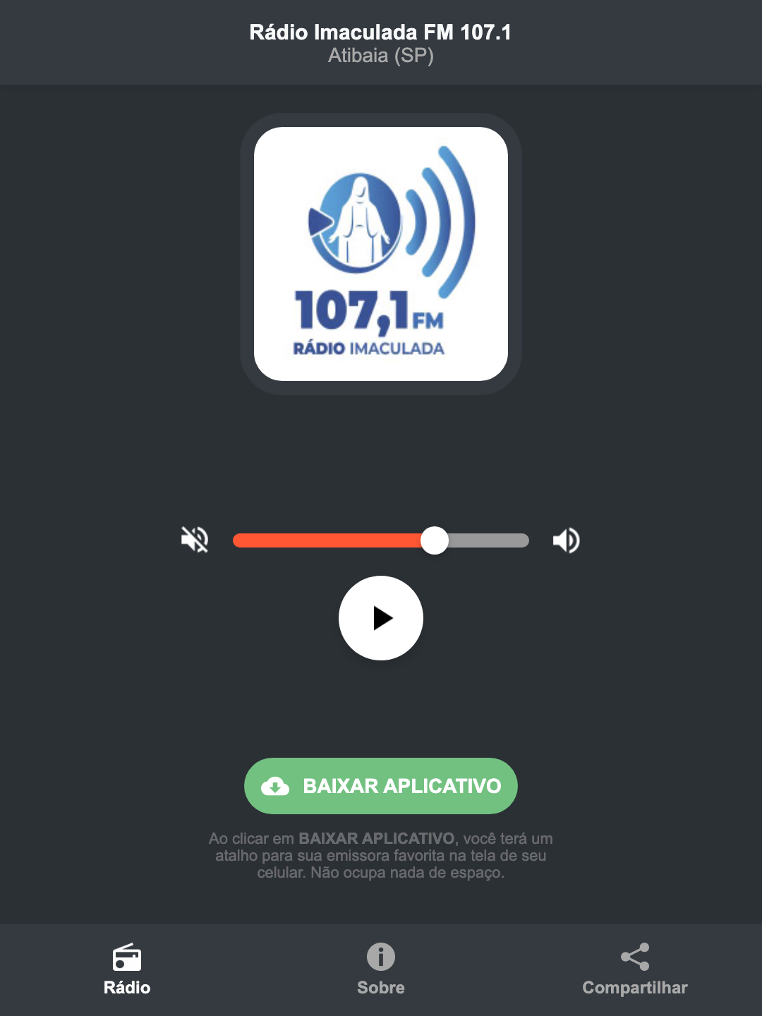 Screenshot do aplicativo da Rádio Imaculada FM 107.1