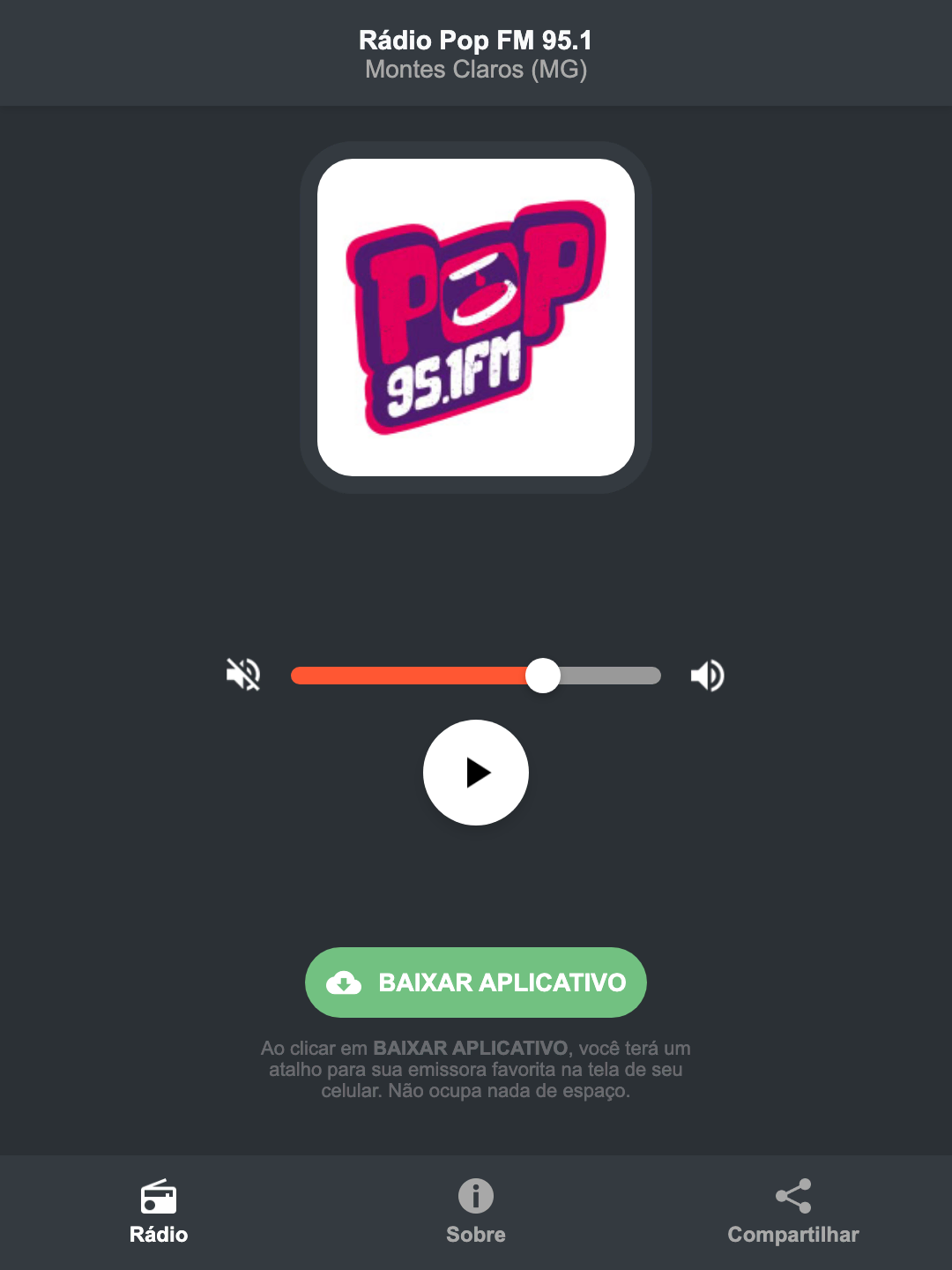 Screenshot do aplicativo da Rádio Pop FM 95.1