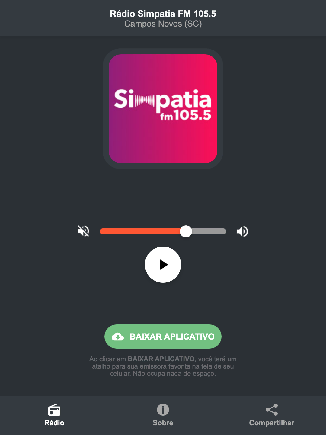 Screenshot do aplicativo da Rádio Simpatia FM 105.5