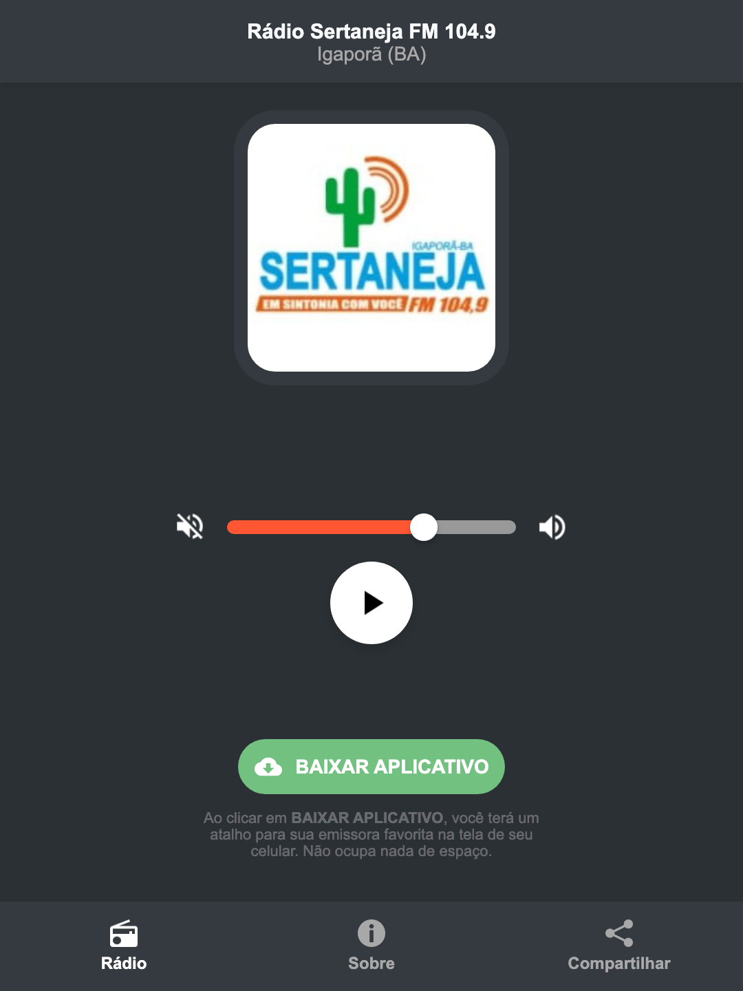 Screenshot do aplicativo da Rádio Sertaneja FM 104.9