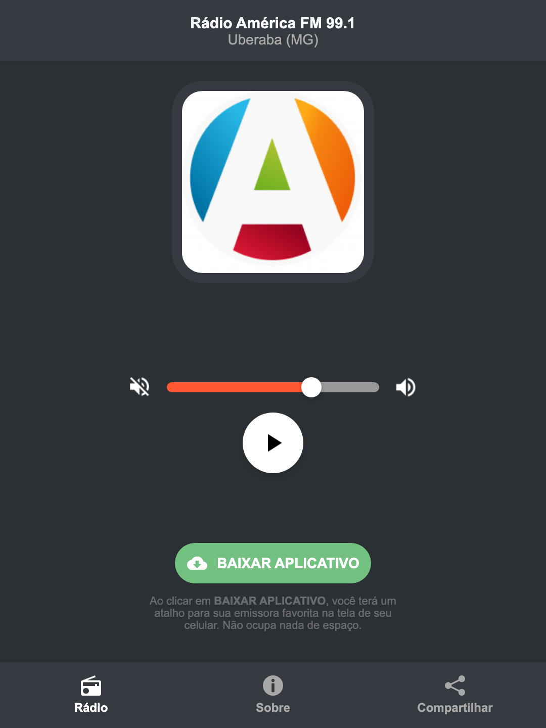 Screenshot do aplicativo da Rádio América FM 99.1