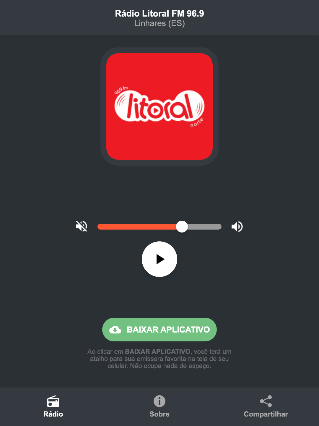 Screenshot do aplicativo da Rádio Litoral FM 96.9