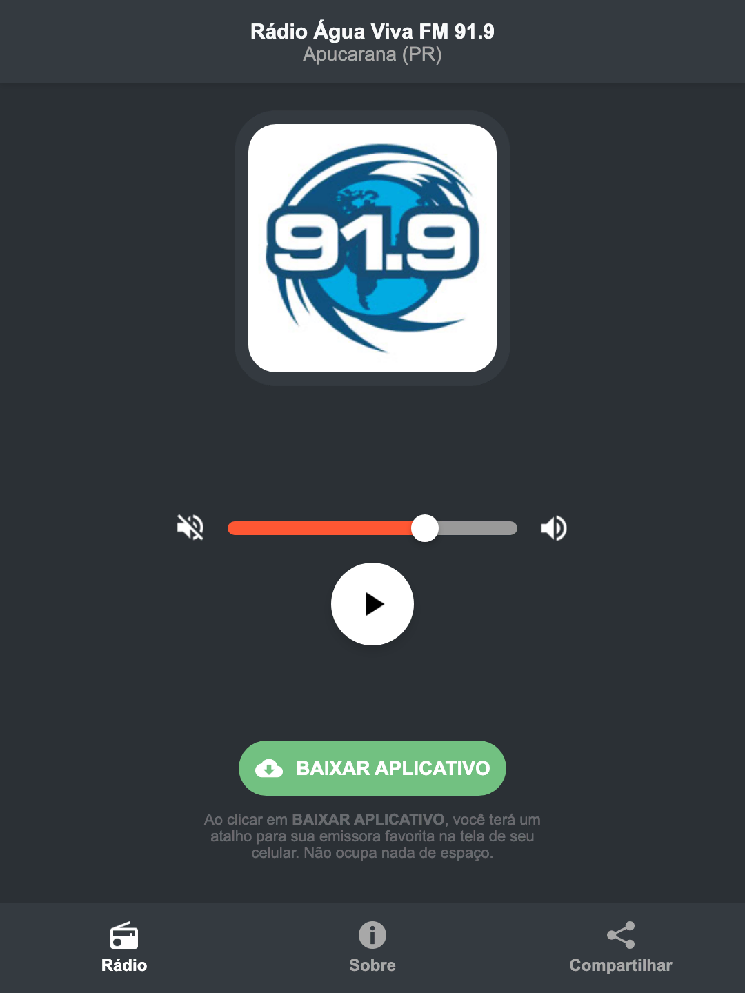 Screenshot do aplicativo da Rádio Água Viva FM 91.9